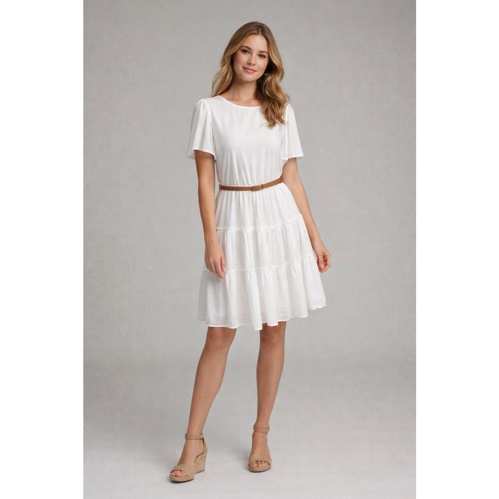 L Love White Tiered Dress Belted Short Sleeve Boho Size Large